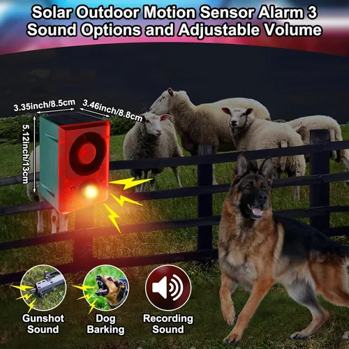 Miniatura 3 de Qualirey Alarma solar con sensor de movimiento para exteriores con sonido de disparo de estaca, 3 modos de grabación y volumen ajustable, carga USB