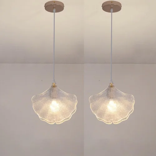 Miniatura 6 de Paquete de 2 luces colgantes de isla de cocina, moderna y creativa en forma de hoja de vidrio, lámpara colgante de cúpula de metal y cable ajustable