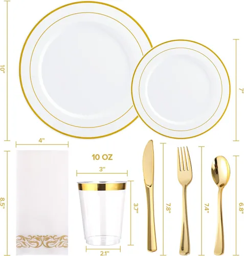 Miniatura 2 de FOCUSLINE Juego de vajilla dorada de 175 piezas para 25 invitados - Platos desechables de plástico blanco con borde dorado resistente, incluye 25