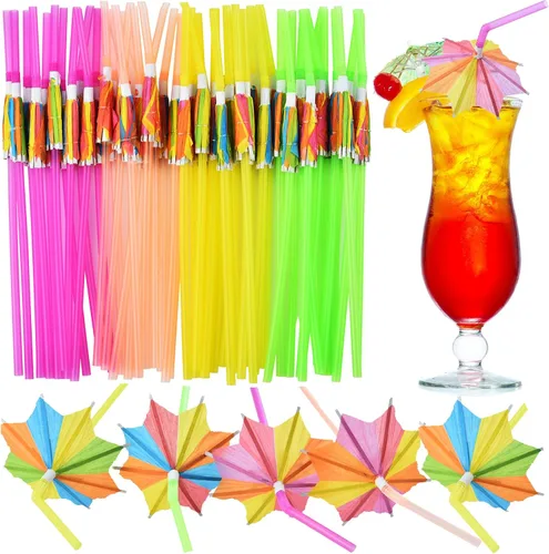 ALINK 100 popotes para paraguas, sombrillas largas para cóctel, bebidas, pajitas de bar de flores, tropical, verano, playa, Luau Tiki, decoraciones