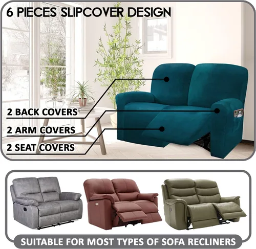 ULTICOR Funda reclinable para sofá biplaza, 48 a 65 pulgadas de largo, 6 fundas de sofá reclinable elásticas de terciopelo de 2 asientos, funda Deep