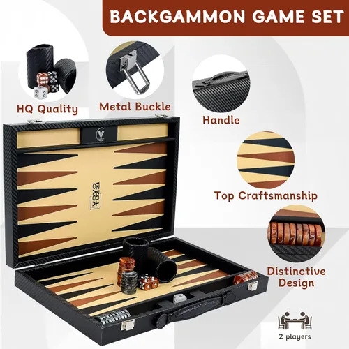 Miniatura 2 de Juego de backgammon de 15 pulgadas para adultos, de fibra de carbono de alta calidad, de piel sintética, plegable, juego de mesa clásico de viaje