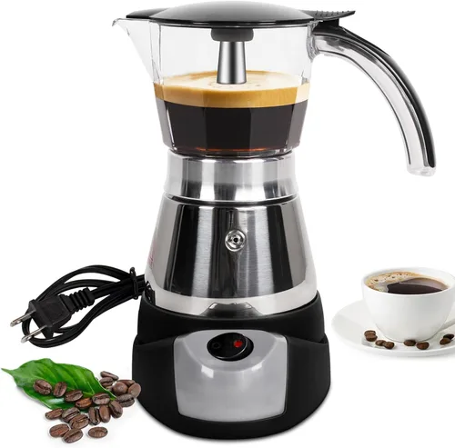 Olla eléctrica Moka de 3 a 6 tazas de 5.1-10.1 fl oz de plástico transparente, cafetera portátil de acero inoxidable, cafetera italiana, máquina de