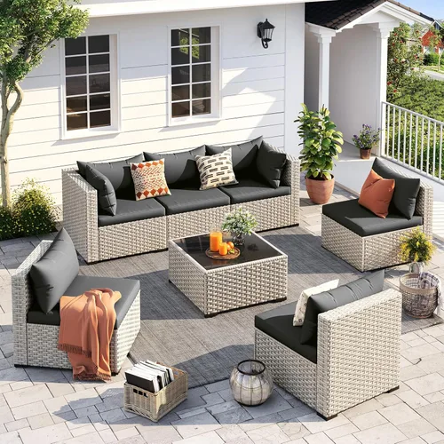 Miniatura 9 de UDPATIO Juego de muebles de patio al aire libre, sofá modular de 7 piezas con mesa de té, juego de conversación al aire libre de mimbre PE para Azul