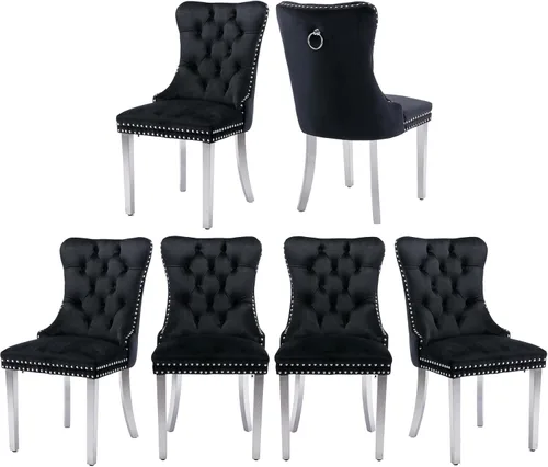 Miniatura 8 de Juego de 2 sillas de comedor, sillas de comedor tapizadas con tirador de anillo trasero, ribete de cabeza de clavo y patas de acero inoxidable Gris
