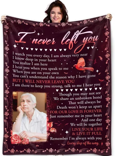 Manta conmemorativa personalizada con imagen, regalos conmemorativos cardenales, manta personalizada con texto en inglés "I Never Left You", mantas
