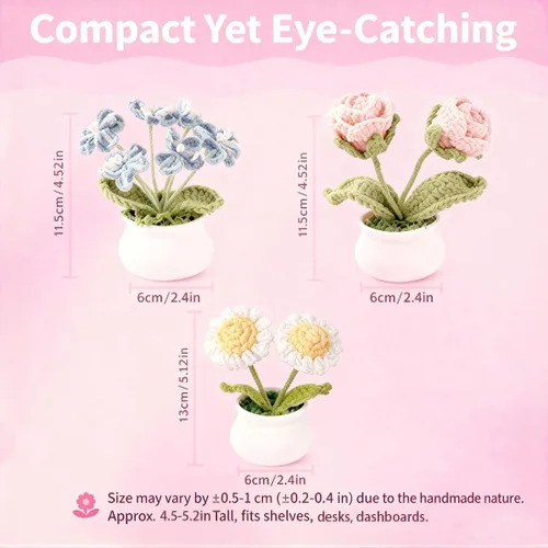 Miniatura 2 de Juego de 3 macetas de ganchillo con margarita rosa y Forget Me Not Small Potted Flowers Crochet Regalo para mamá, esposa, Día de la Madre