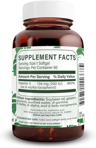 Miniatura 2 de Natural Nutra Suplemento de vitamina E de 200 UI para piel, cabello y uñas, promueve la salud del corazón, ayuda a prevenir la piel dañada, promueve