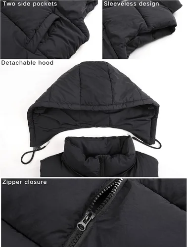 Miniatura 2 de Tanming Chaleco acolchado negro para mujer, con cremallera, ligero, sin mangas, para invierno, con capucha