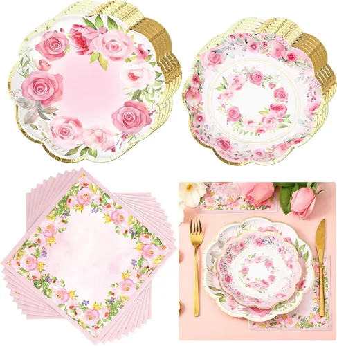 Miniatura 7 de Tanlade 96 unidades de platos y servilletas para fiestas temáticas de eucalipto verde salvia, sirven 24, platos llanos desechables de papel