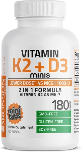 Miniatura 5 de Bronson Vitamina K2 (MK7) con D3 Dosis Más Baja 45mcg Vitamina K2 y 1000 UI Vitamina D3 Fácil de Tragar Mantenimiento Diario Fórmula 2 en 1 Sin OGM