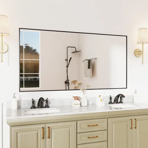 Miniatura 16 de Espejo de baño con marco de metal negro mate, espejo rectangular de tocador de 55 x 36 pulgadas, espejo de pared rectangular grande, antioxidante