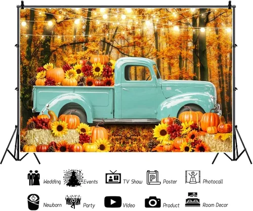 Miniatura 3 de Laeacco Telón de fondo de poliéster de 5 x 3 pies para otoño, Día de Acción de Gracias, fondo de fotografía de camión azul rústico, calabaza