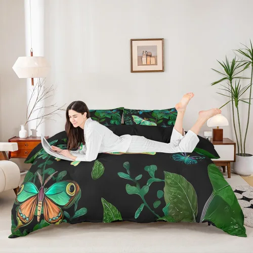 Miniatura 3 de Erosebridal Juego de funda de edredón de mariposa colorida con hojas de palmera y plátano, tamaño Queen, hojas tropicales hawaianas, funda