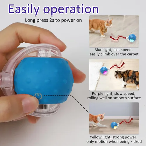 Miniatura 4 de Giociv Pelota de juguete interactivo para gatos de interior que rueda rápidamente sobre alfombra, con chirridos y activación por movimiento (azul)