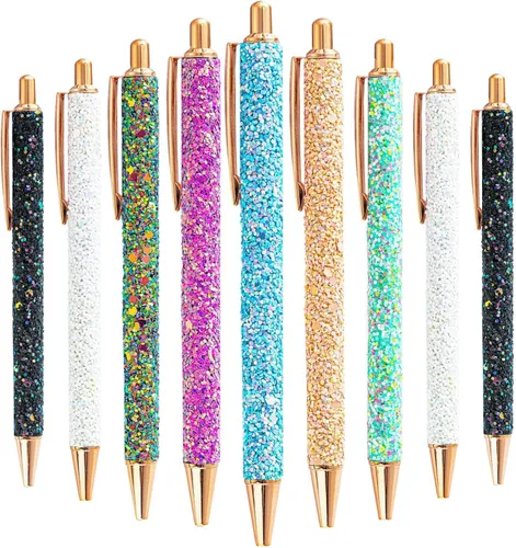 9 piezas de bolígrafos elegantes para mujer, bolígrafos de purpurina de colores, bolígrafos retráctiles de metal, tinta negra, punta media, 3/64 de