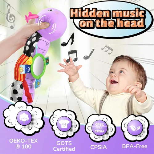 Miniatura 4 de LIGHTDESIRE Juguetes musicales para bebés, oruga, juguetes infantiles de 3, 6, 12 meses, juguete sensorial con diseño de regla, espejo, cuerda
