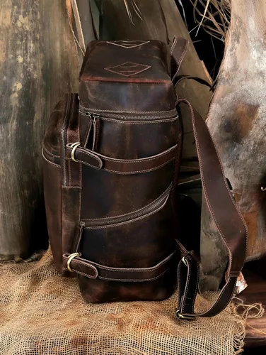 Miniatura 4 de HLC Mochila de cuero genuino para computadora portátil para hombres y mujeres, mochila genuina de gran capacidad, para negocios, retro, viajes