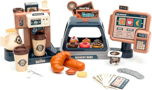 Cafetería de juguete de simulación para niños y niñas con cafetera y donas falsas, 41 unidades (edición clásica)