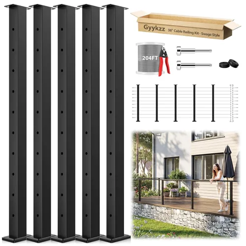 Miniatura 13 de Poste de escalera con barandilla de cable negro de 36 pulgadas con parte superior fija inclinada, poste de riel de alambre de acero inoxidable T304
