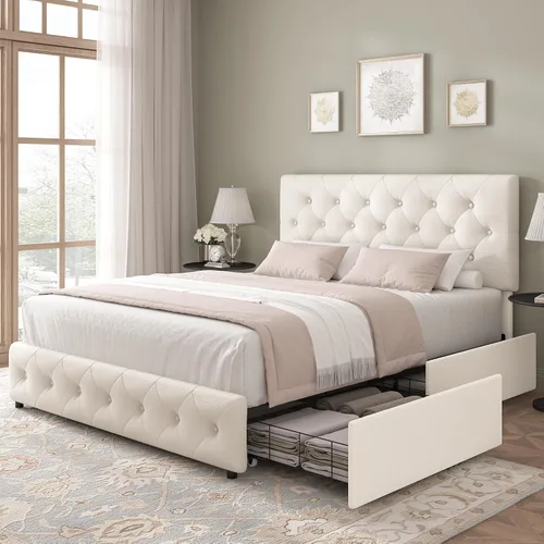 Miniatura 8 de Keyluv - Base de cama tapizada moderna con 4 cajones, diseño de cabecera con botones, soporte de listones de madera maciza, fácil montaje, tela