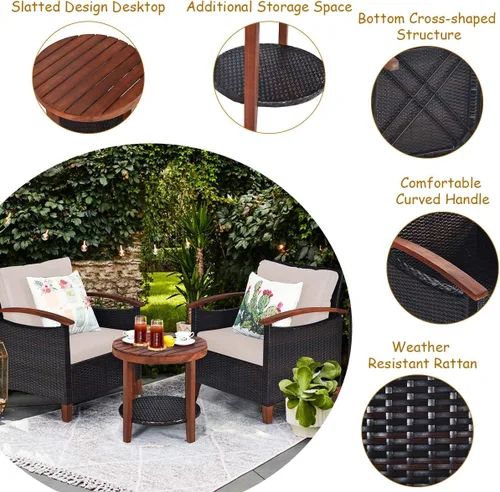Miniatura 8 de Tangkula Juego de muebles de patio de 3 piezas, sofá y mesa auxiliar de ratán para exteriores con marco de madera de acacia maciza, juego de bistró