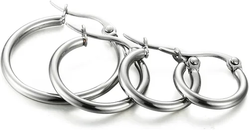 Miniatura 3 de ORAZIO 4 Pares de pendientes de argollas de acero inoxidable. Pendientes tipo argolla plana para mujer, de 10-20 milímetros.
