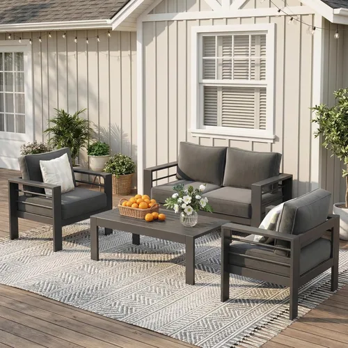 Miniatura 26 de Solaste Juego de muebles de patio de aluminio para todo tipo de clima, moderno juego de muebles de metal para exteriores con asientos profundos