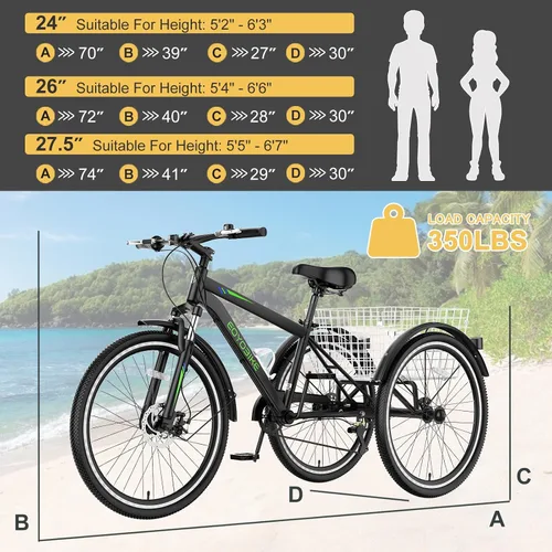 Miniatura 3 de NAIZEA Adult Mountain Tricycle, 7 Speed Three Wheel Cruiser Bike, 27.5 Inch Adults Trikes with Shopping Basket, Exercise Men's Women's Tricycles