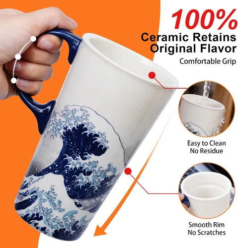 Miniatura 7 de Topadorn Taza de café de cerámica con tapa y asa, taza de viaje de cerámica, taza de té con leche de porcelana en caja de color de 17 onzas, tapa