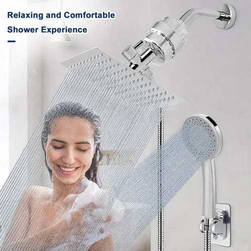 Miniatura 7 de NearMoon Cabezal de ducha filtrado, cuadrado de alta presión de 8 pulgadas, 5 ajustes de filtro de ducha de lluvia de mano con soporte Cromo