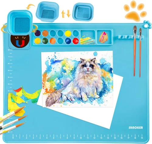 SHNOKER Tapete de silicona para manualidades de 21.7 x 17.7 pulgadas, tapete de pintura de silicona súper grande con 1 taza magnética y paleta de