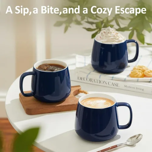 Miniatura 6 de Teocera Juego de 4 tazas de café de cerámica de 16 onzas, apilables, aptas para microondas, lavavajillas y horno, ideales para café, capuchino, Azul