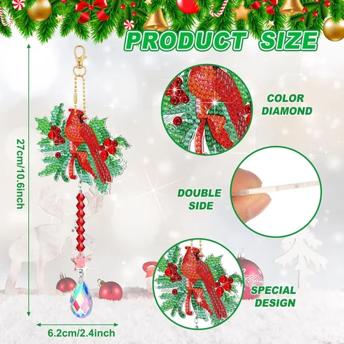 Miniatura 4 de Juego de 6 piezas de arte de diamantes de Navidad de doble cara, cardenal de diamante, campanillas de viento, arte para ventana, decoración de árbol