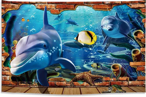 ARTXZDZ Tapiz de delfín con efectos 3D, tapiz de animales del mundo submarino, decoración de pared para fondo de acuario bajo el mar, decoración de