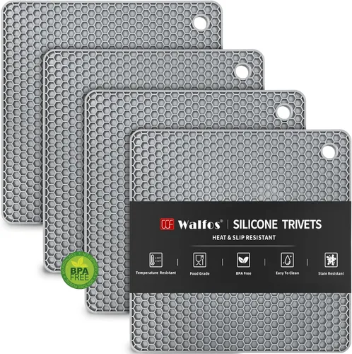 Miniatura 26 de Walfos Alfombrillas de silicona – 4 soportes para ollas resistentes al calor, almohadillas calientes antideslizantes multiusos para agarraderas