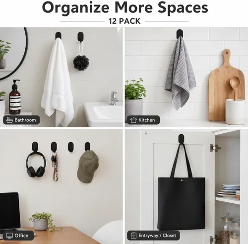 Miniatura 6 de Ganchos adhesivos de pared para colgar, paquete de 12 unidades, instalación sin taladro, ganchos extraíbles de acero inoxidable para baño, cocina
