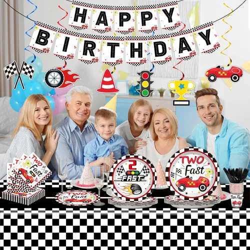 Miniatura 5 de Qyeahkj Juego de 184 piezas de suministros para fiesta de cumpleaños rápido, incluye platos de coche de carreras, servilletas, mantel, pancarta, kit
