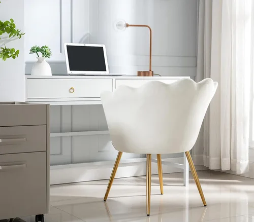 Miniatura 9 de chairus Silla de tocador de maquillaje blanca crema con respaldo, pequeña silla moderna tapizada de terciopelo con patas de metal dorado, bonita