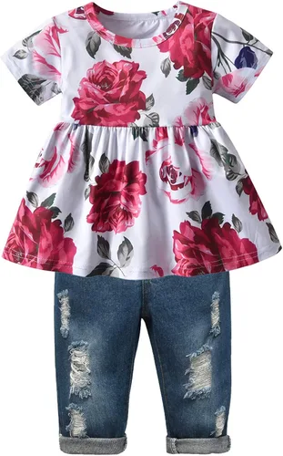 Derouetkia Conjunto de ropa para niñas pequeñas con volantes florales y pantalones de mezclilla rasgados