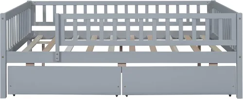 Miniatura 6 de Harper & Bright Designs Base de cama para niños de tamaño matrimonial con 2 cajones, sofá cama matrimonial de madera con valla, marco de cama