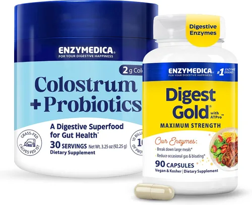 Enzymedica Calostro + probióticos en polvo y digesto suplemento de enzima digestiva de oro, calostro bovino alimentado con pasto para mujeres y