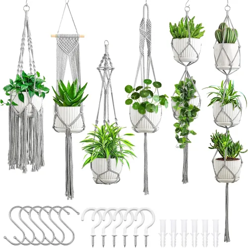 Miniatura 9 de SFENNGPET - Paquete de 6 perchas de macramé para plantas, juego de 6 perchas colgantes para plantas de interior con kit de 6 perchas hechas a mano