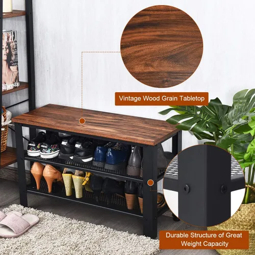 Miniatura 4 de Giantex Zapatero de 3 niveles, banco de zapatos industrial con 2 estantes de almacenamiento de malla y asiento para entrada, puerta delantera