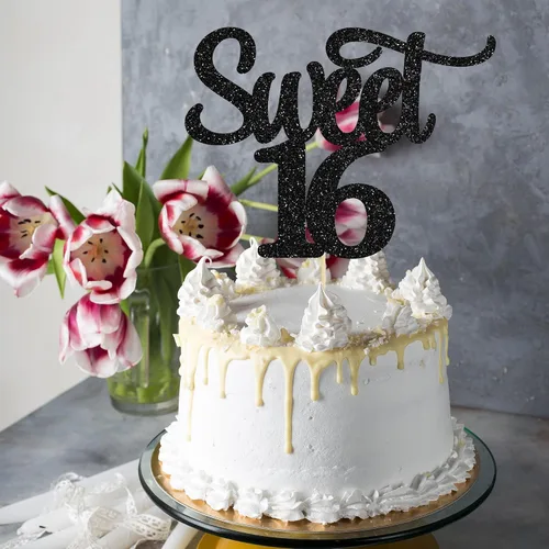 Miniatura 5 de Gyufise 1 decoración para tartas de 16 años con purpurina negra para cumpleaños de 16 años, decoración para felicitaciones a 16 años de edad