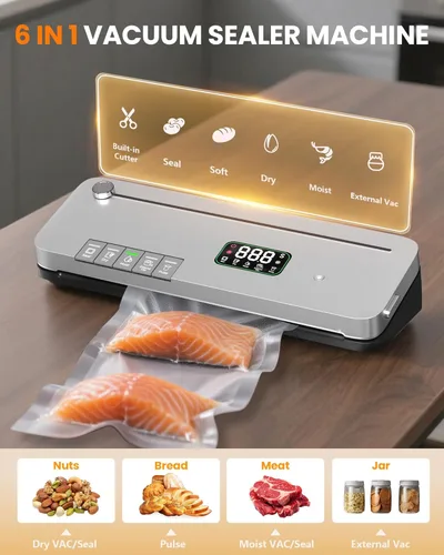 Miniatura 8 de Máquina selladora al vacío de alimentos, succión fuerte de 75 KPa, temporizador digital, cortador integrado, función de pulso, modos seco y húmedo