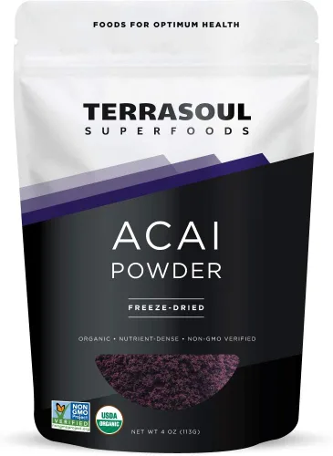 Terrasoul Superfoods Polvo orgánico de bayas de acai, 4 onzas, liofilizado para frescura, aumento de grasas Omega para cuencos de batidos y recetas