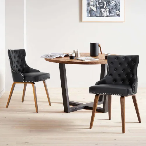 Juego de 2 sillas de comedor tapizadas de piel sintética con botón de cabeza de clavo y patas de madera, sillón moderno de mediados de siglo para