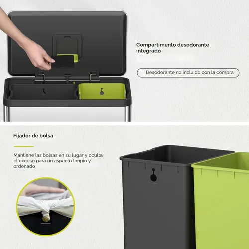 Miniatura 8 de EKO EcoCasa II - Bote de basura doble de 36 L + 24 L con cubo de reciclaje, cubo de basura de acero inoxidable con tapa, compartimento desodorante