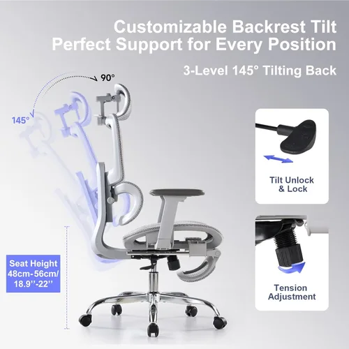 Miniatura 8 de Silla de oficina con reposapiés, silla ergonómica con reposacabezas 3D, silla de computadora con respaldo ajustable y reposabrazos 3D, silla de Gris